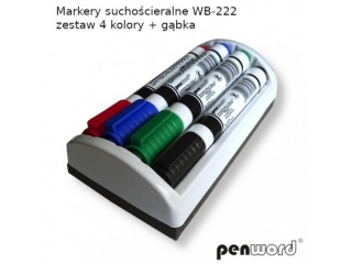 MARKERY SUCHO�CIERALNE WB-222 ZESTAW 4 KOLORY+G�BKA