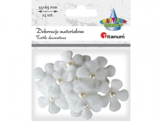 Aplikacje materia�owe 3D kwiaty 45x50mm z pere�k� 10mm bia�e 15szt. TITWLK26