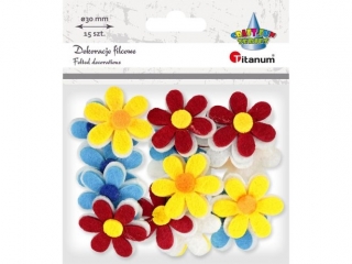 Dekoracje filcowe kwiaty 3D O30mm niebieskie, czerwone, ��te 15szt. TITWLK26