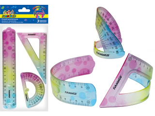 KOMPLET GEOMETRYCZNY ELASTYCZNY, ZAWIERA: LINIJK� 20 cm, EKIERK�: 12 cm ORAZ K�TOMIERZ FLAMINGO