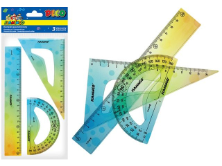KOMPLET GEOMETRYCZNY Z OZDOBNYM, KOLOROWYM NADRUKIEM, ZAWIERA: LINIJK� 20 CM, EKIERK�: 14 CM ORAZ K�TOMIERZ FLAMINGO