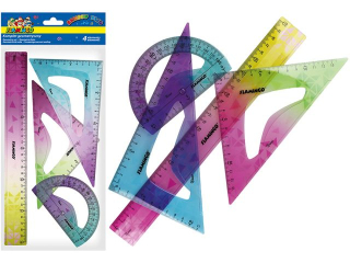KOMPLET GEOMRTRYCZNY W T�CZOWYCH BARWACH, ZAWIERA: LINIJK� 30 CM, 2 EKIERKI: 13 CM ORAZ 19, 5 CM ORAZ K�TOMIERZ FLAMINGO