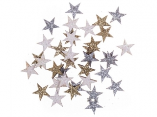 Drewniane brokatowe gwiazdki DPCRAFT dwustronne 1,4 cm, 36 szt. Z�oty, srebrny, bia�y