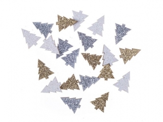 Drewniane brokatowe choinki DPCRAFT dwustronne 1, 5 x 2 cm, 21 szt. Z�oty, srebrny, bia�y